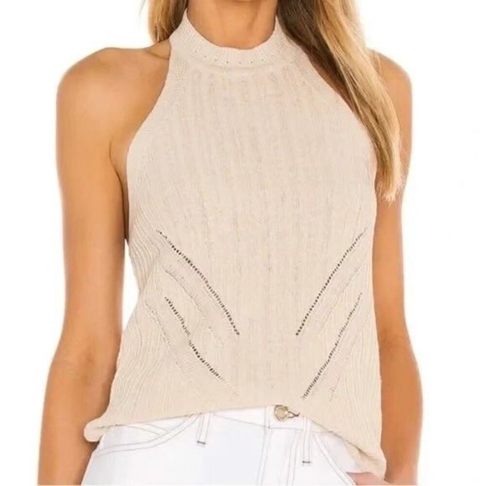 L'Academie Tank Top Womens Ivory Linen Cotton Ribbed Halter Knit Top